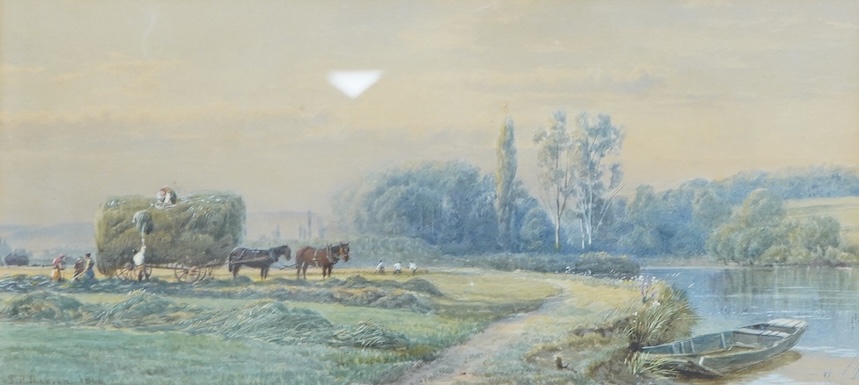 S R Jackson, Haymaking, signed and dated 1866, watercolour, 20 x 43cm